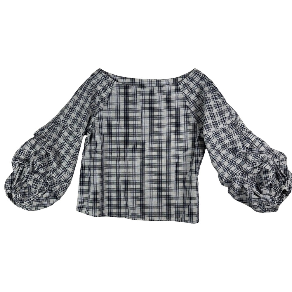 J.O.A. Bubble Sleeve Blouse Boat‎ Neck Checkered Top Navy White Small